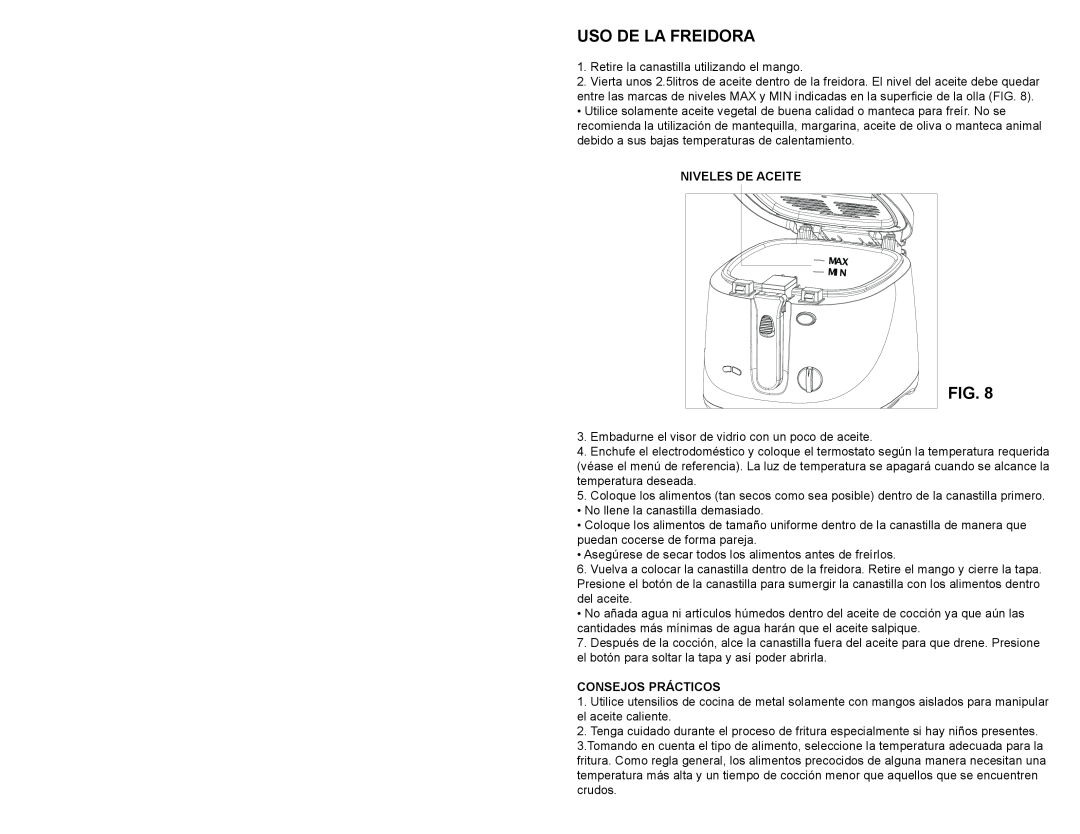 Continental Electric CE23379 user manual Uso De La Freidora, Niveles De Aceite, Consejos Prácticos 