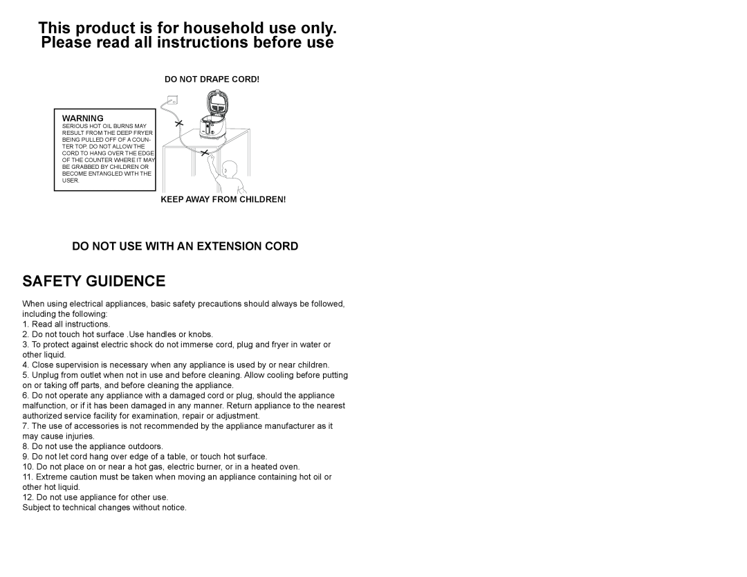 Continental Electric CE23379 user manual Safety Guidence, Do Not Use With An Extension Cord, Do Not Drape Cord 