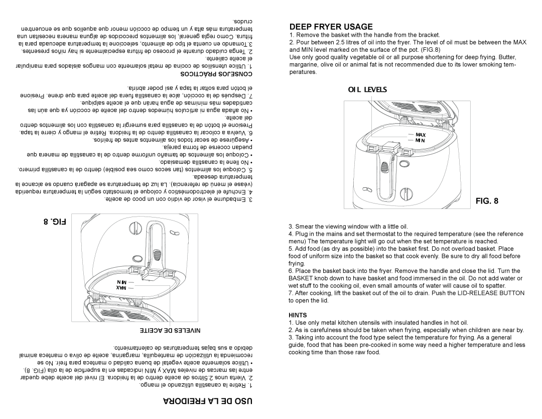 Continental Electric CE23379 user manual 8 .FIG, Deep Fryer Usage, Freidora La De Uso, Aceite De Niveles, Hints 