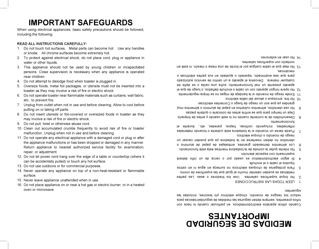 Continental Electric CE23401 user manual Importantes Seguridad DE Medidas, Important Safeguards 