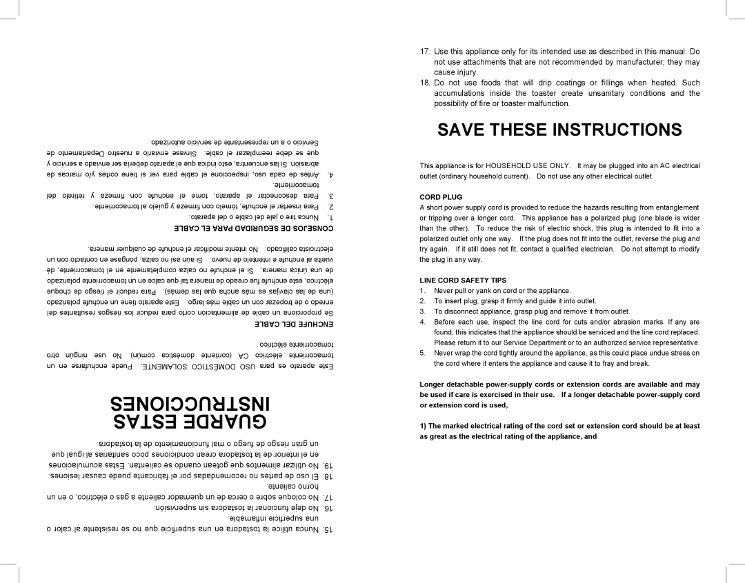 Continental Electric CE23401 user manual Instrucciones, Estas Guarde 