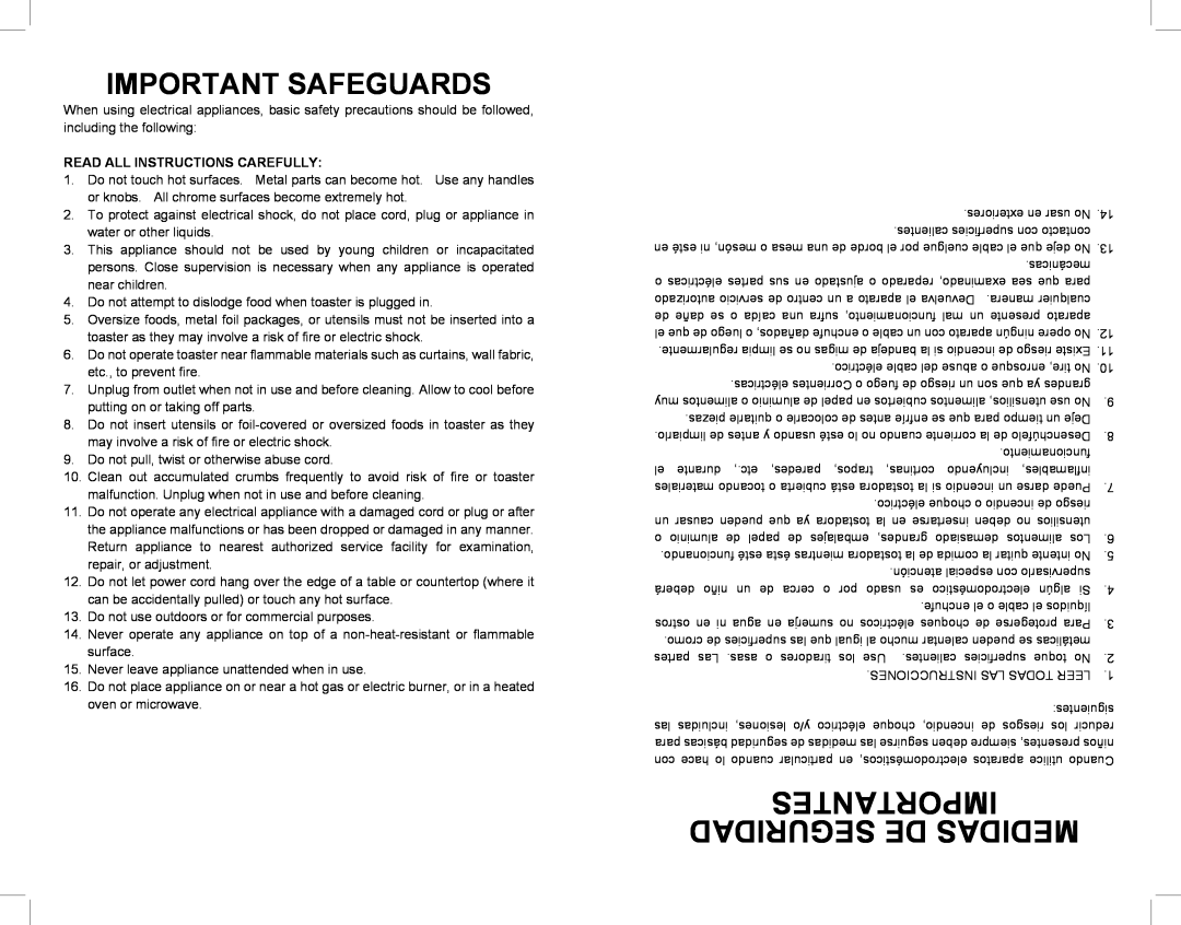 Continental Electric CE23401 Importantes Seguridad De Medidas, Important Safeguards, Read All Instructions Carefully 