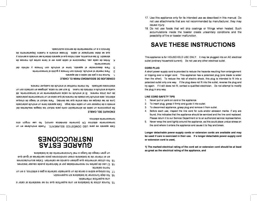 Continental Electric CE23401 user manual Instrucciones, Estas Guarde, Save These Instructions 