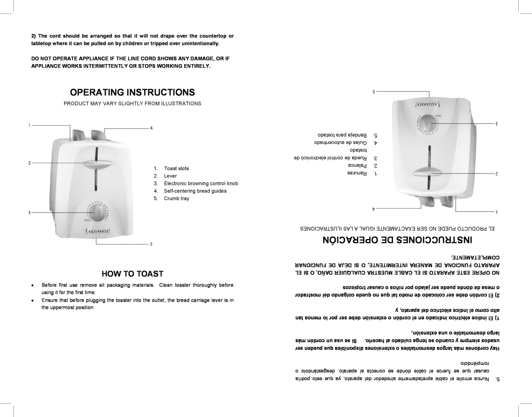 Continental Electric CE23401 Operating Instructions, Operación De Instrucciones, How To Toast, Completamente, rompiéndolo 