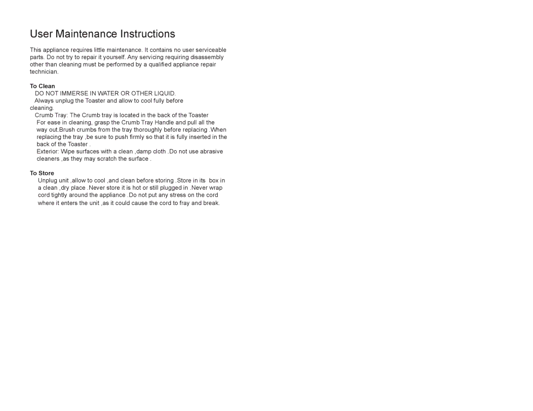 Continental Electric CE23431 instruction manual User Maintenance Instructions, To Clean, To Store 