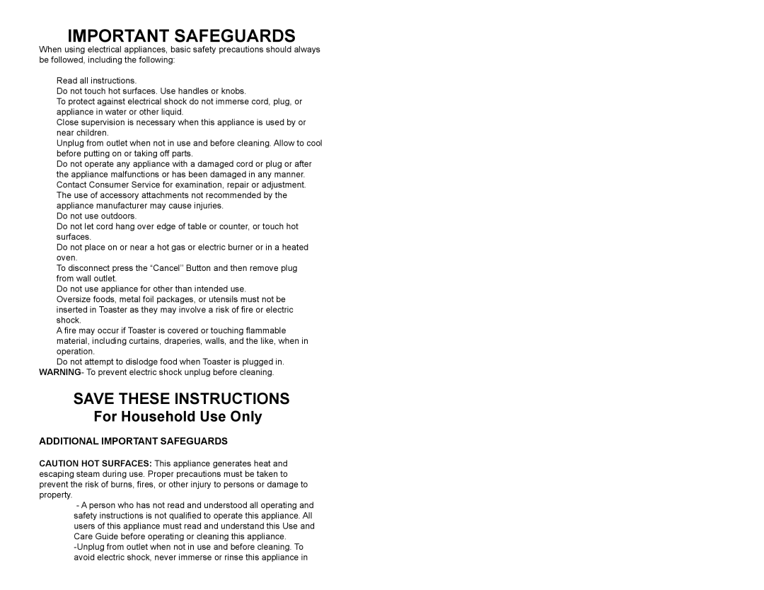 Continental Electric CE23431 Save These Instructions, For Household Use Only, Additional Important Safeguards 