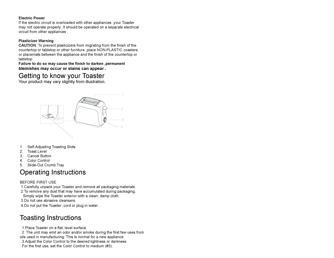 Continental Electric CE23431 Getting to know your Toaster, Operating Instructions, Toasting Instructions, Electric Power 