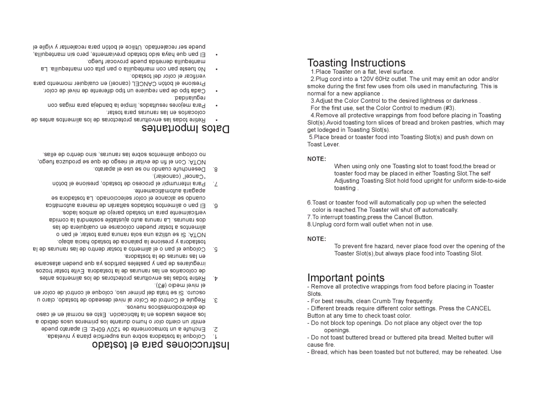 Continental Electric CE23432 Importantes Datos, Tostado el para Instrucciones, Toasting Instructions, Important points 