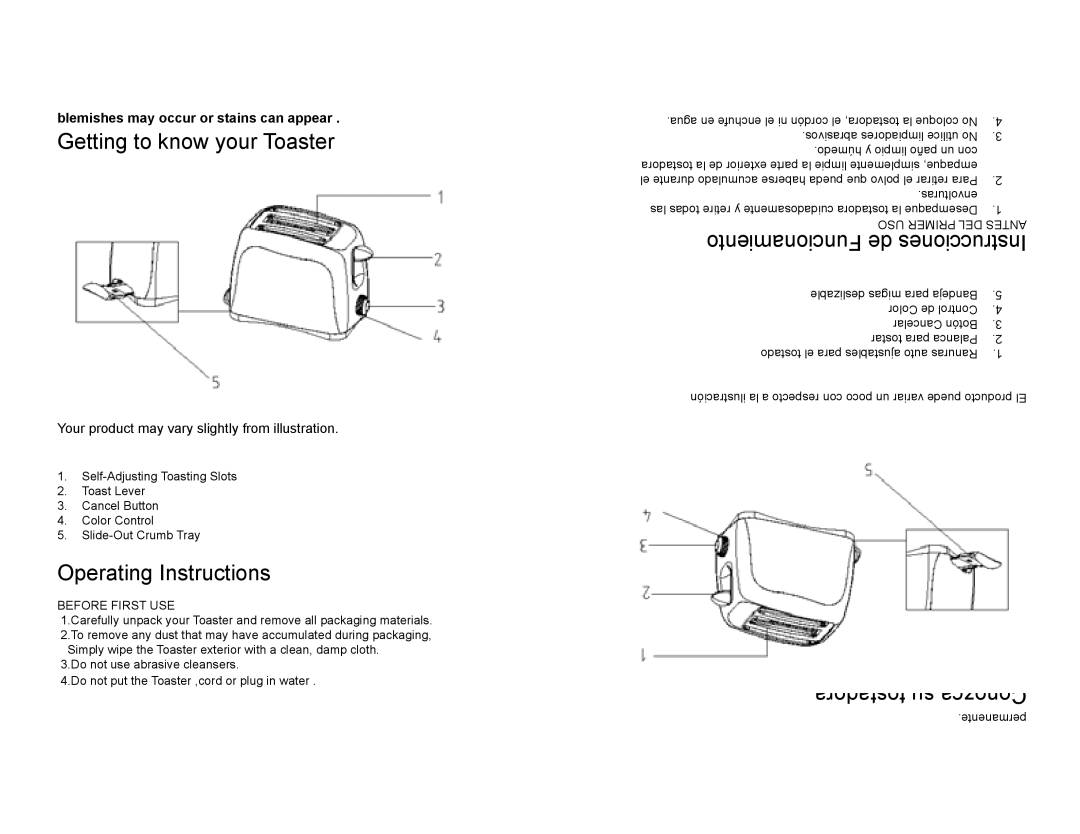Continental Electric CE23432 Getting to know your Toaster, Operating Instructions, Funcionamiento de Instrucciones 