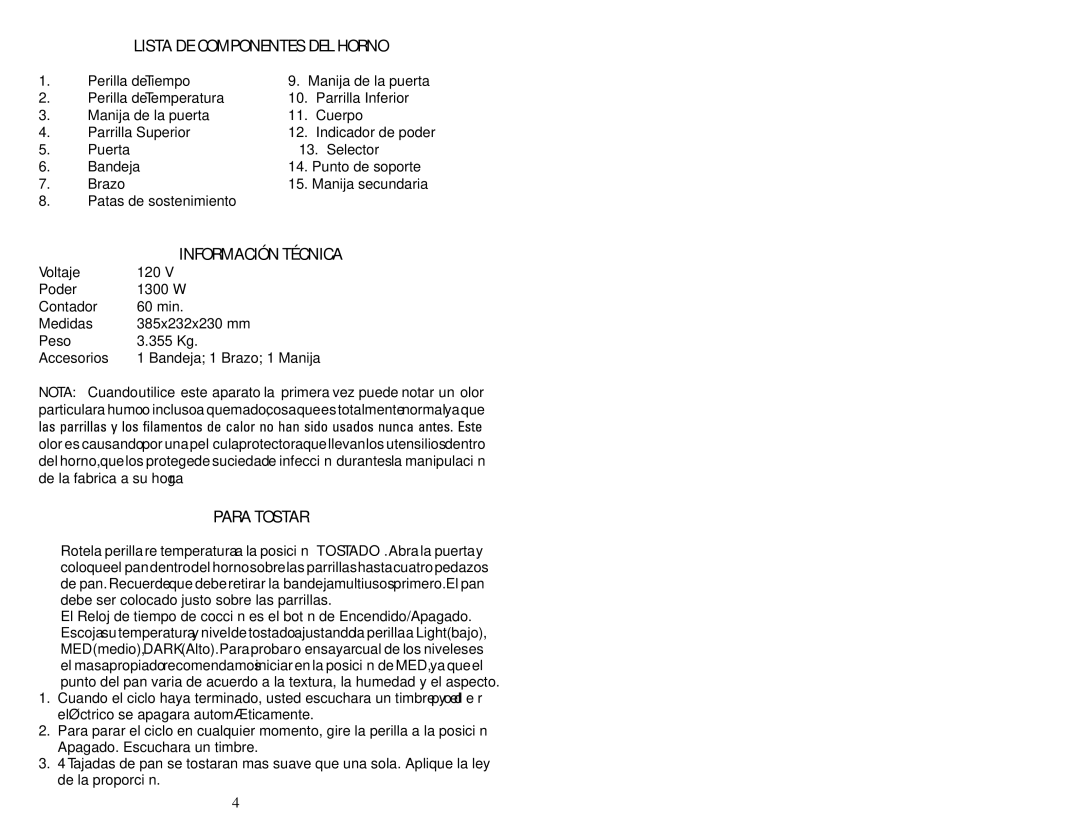 Continental Electric CE23531 instruction manual Lista DE Componentes DEL Horno, Para Tostar 