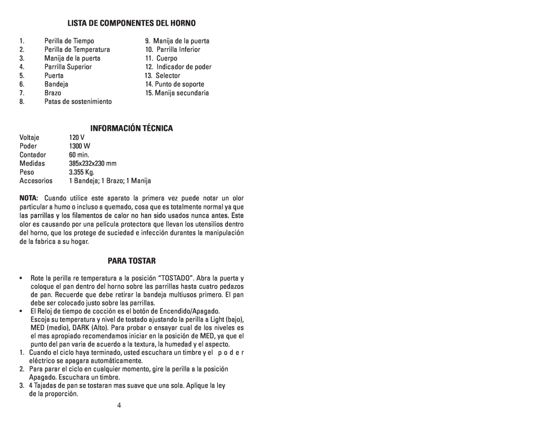 Continental Electric CE23531 instruction manual Lista De Componentes Del Horno, Para Tostar 