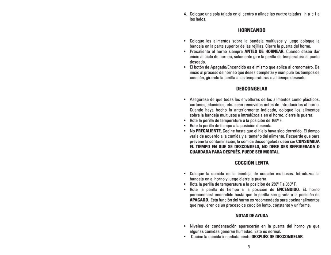 Continental Electric CE23531 instruction manual Horneando, Descongelar, Cocción Lenta, Notas De Ayuda 