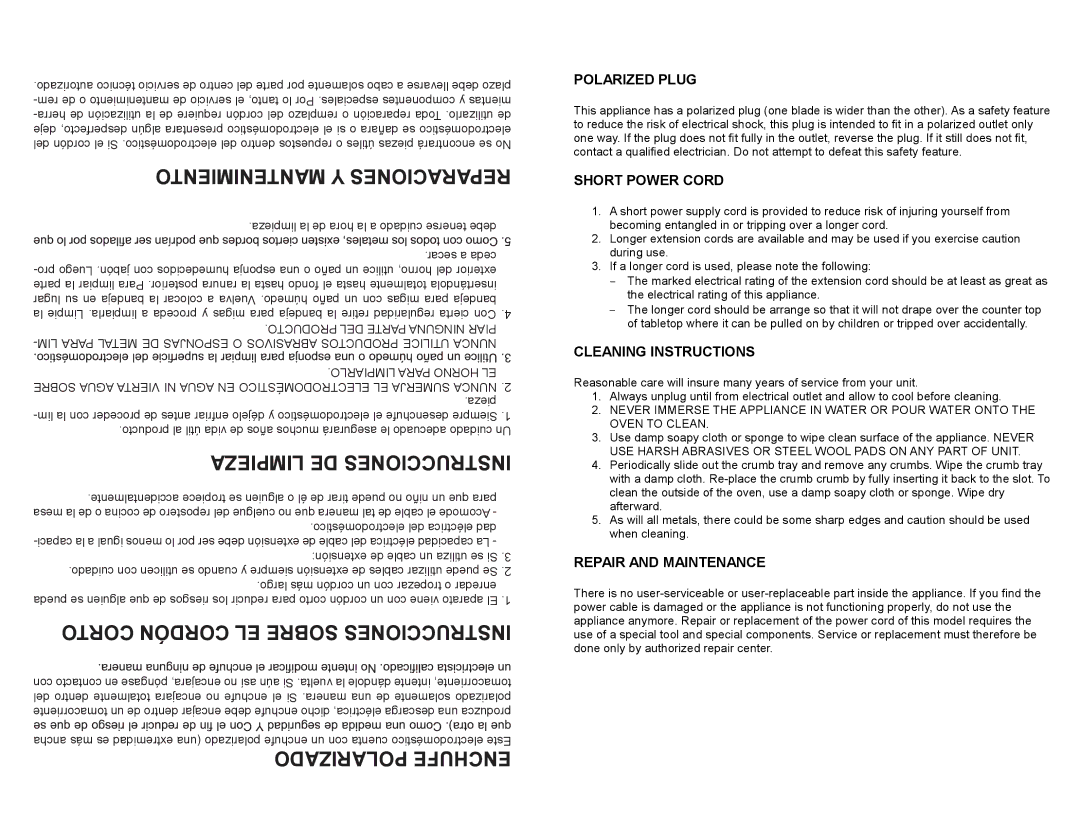 Continental Electric CE23551 Mantenimien Aracionest RE, Limpiez DE Instrucciones, COR Cordón Sobre Instrucciones 