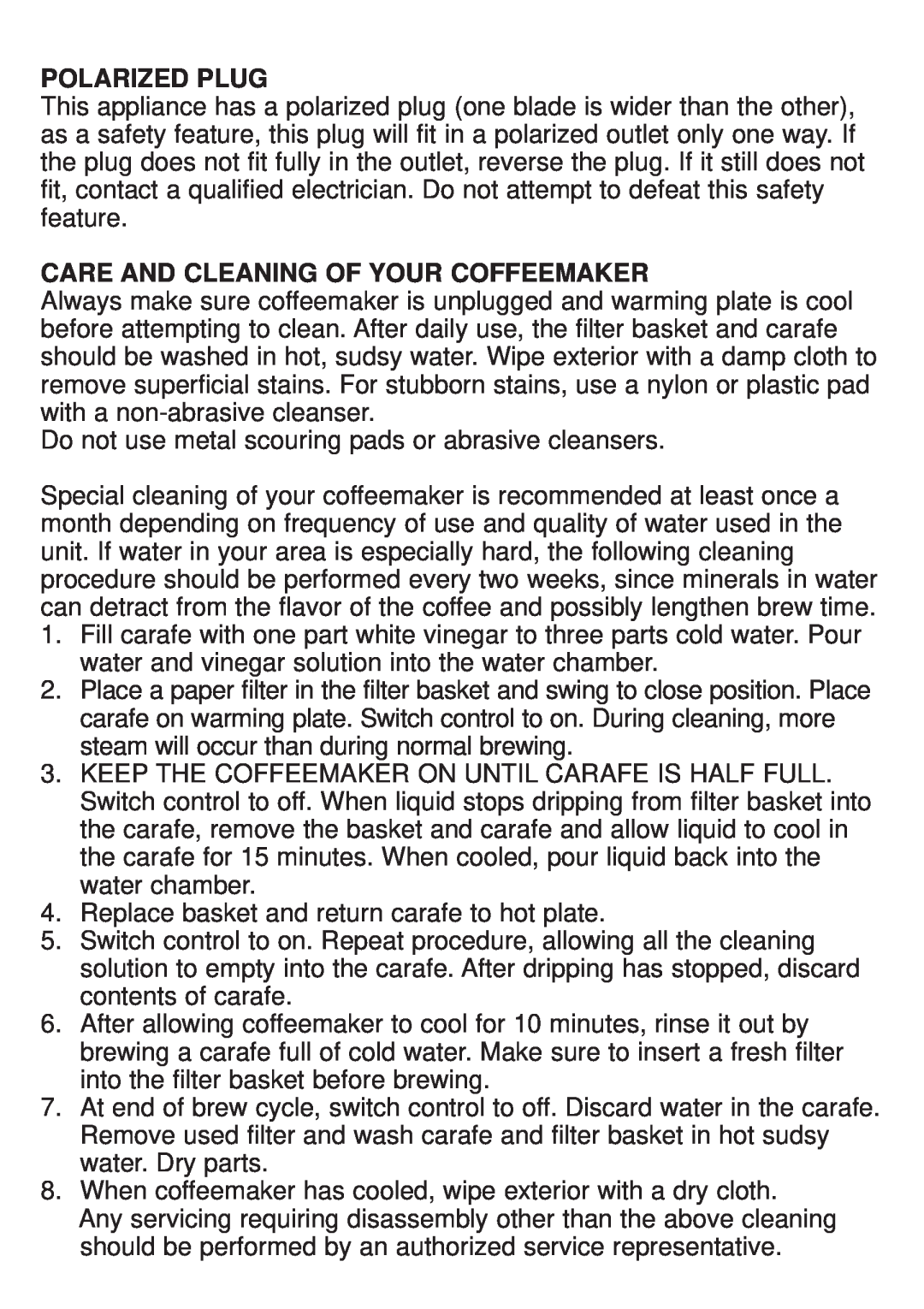 Continental Electric CE23609 operating instructions Polarized Plug, Care And Cleaning Of Your Coffeemaker 