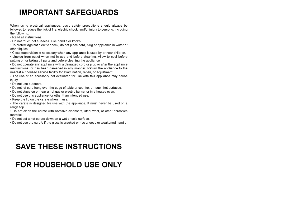 Continental Electric CE23611 user manual Important safeguards, Save these instructions FOR HOUSEHOLD USE ONLY 