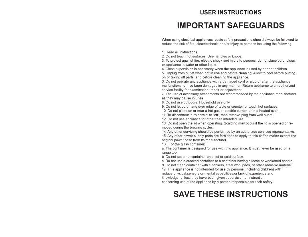 Continental Electric CE23619 user manual Important Safeguards, User Instructions 