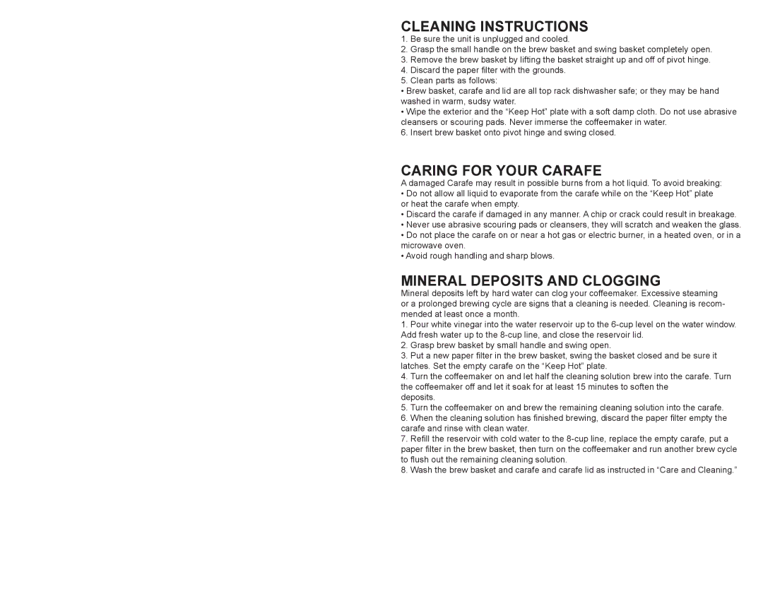 Continental Electric CE23619 user manual Cleaning Instructions, Caring for Your Carafe, Mineral Deposits and Clogging 