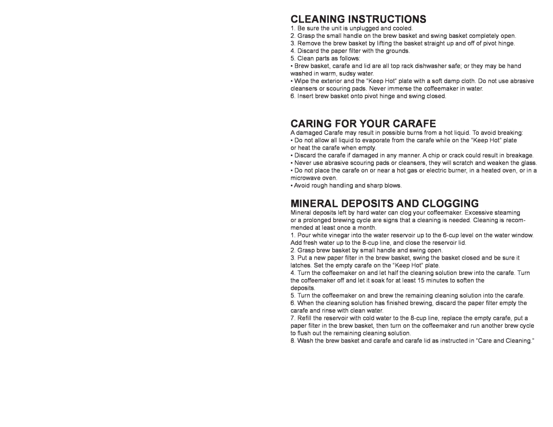 Continental Electric CE23619 user manual Cleaning Instructions, Caring For Your Carafe, Mineral Deposits And Clogging 
