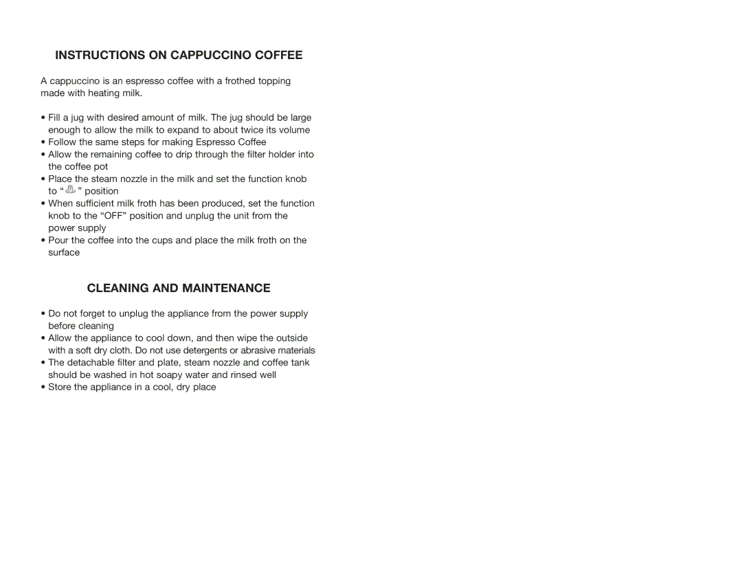 Continental Electric CE23649 manual Instructions on Cappuccino Coffee, Cleaning and Maintenance 