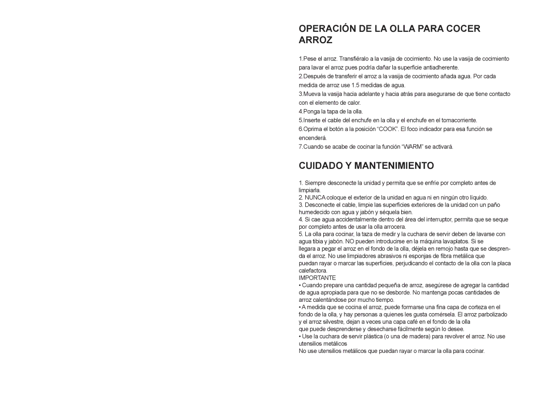 Continental Electric CE23662 manual Operación DE LA Olla Para Cocer Arroz, Cuidado Y Mantenimiento, Importante 