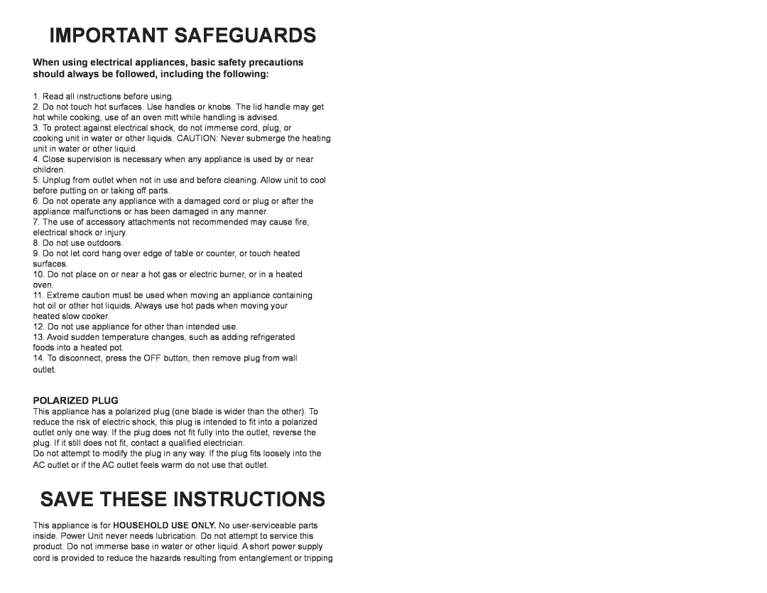 Continental Electric CE23662 manual Important Safeguards, Save These Instructions, Polarized Plug 