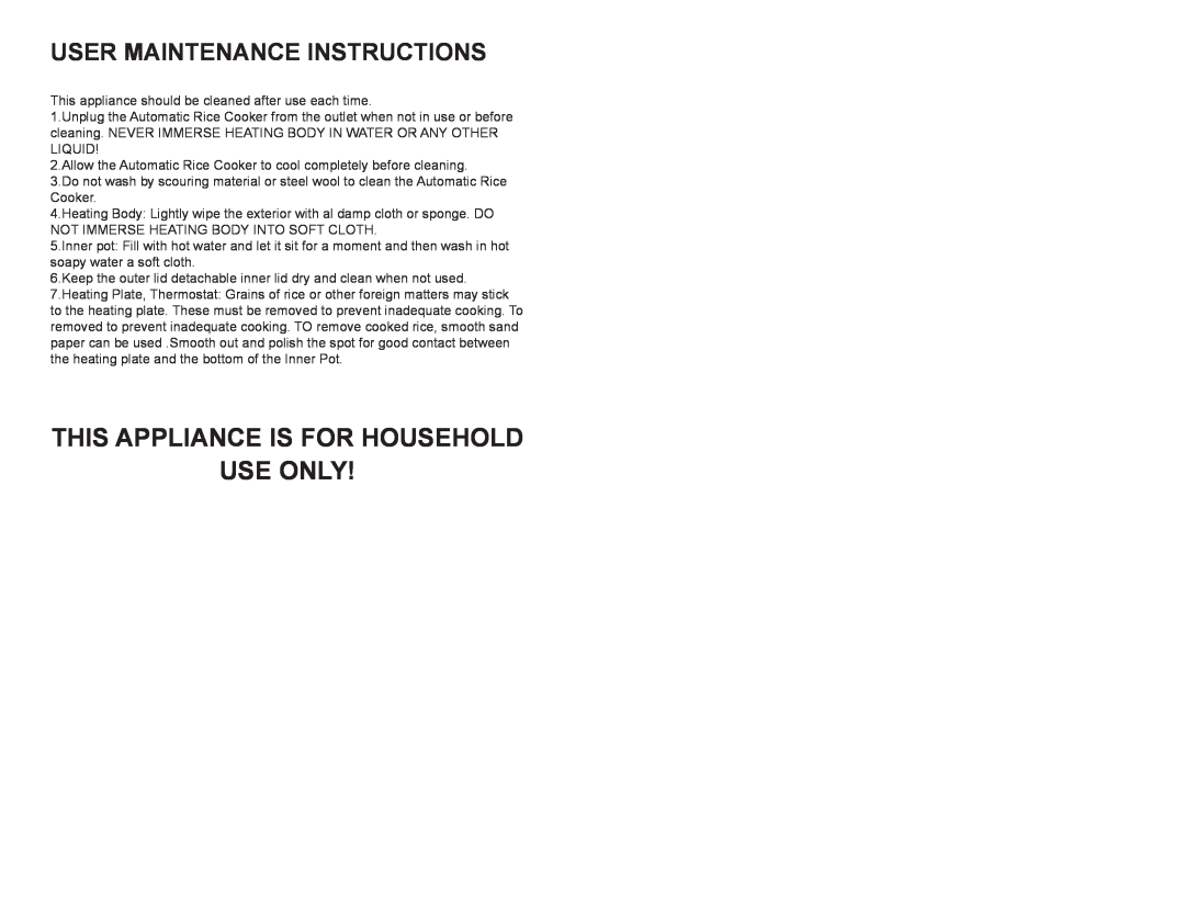 Continental Electric CE23662 manual User Maintenance Instructions, This Appliance Is For Household Use Only 