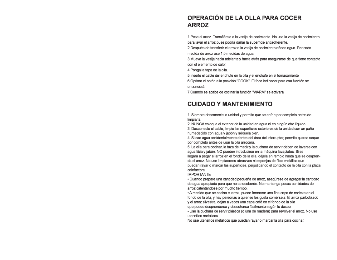 Continental Electric CE23662 manual Operación De La Olla Para Cocer Arroz, Cuidado Y Mantenimiento 