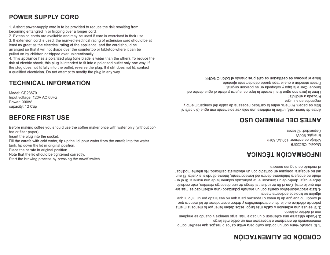 Continental Electric CE23679, CE23671 Power Supply Cord, Technical Information, Before First USE, USO Primero DEL Antes 