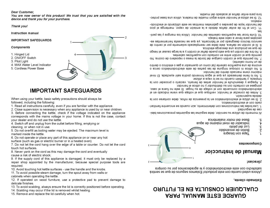 Continental Electric CE23691 Important Safeguards, Instrucciones de Manual, Componentes, ¡Gracias, cliente, Estimado 