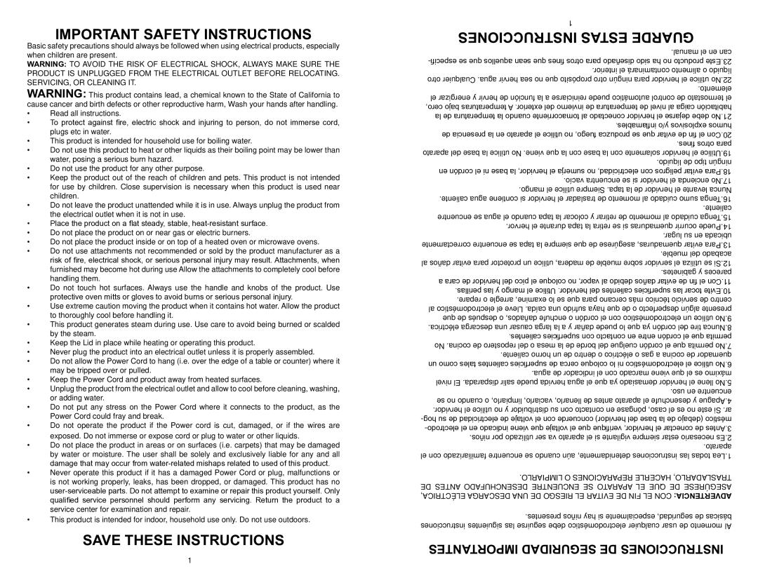 Continental Electric CE23697 instruction manual Important Safety Instructions, Importantes Seguridad DE Instrucciones 