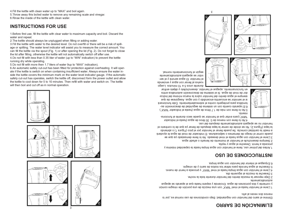 Continental Electric CE23697 instruction manual Instructions for USE, USO DE Instrucciones, Sarro DE Eliminación 