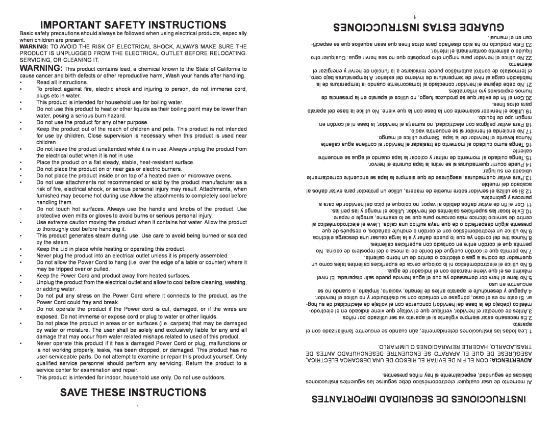 Continental Electric CE23697 instruction manual Importantes Seguridad De Instrucciones, Important Safety Instructions 