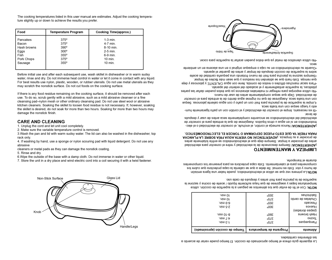 Continental Electric CE23771 instruction manual Care and Cleaning, Mantenimiento Y Limpieza 