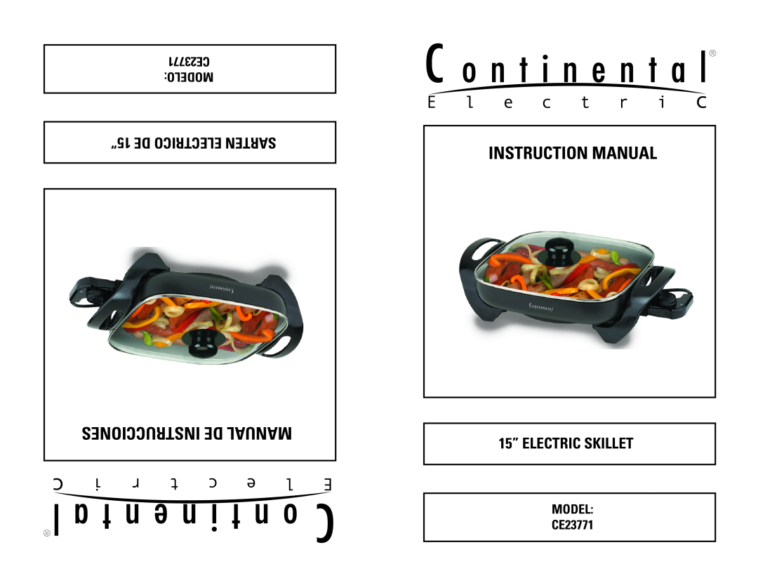 Continental Electric CE23771 instruction manual Instrucciones De Manual, 15” DE ELECTRICO SARTEN, 15” ELECTRIC SKILLET 