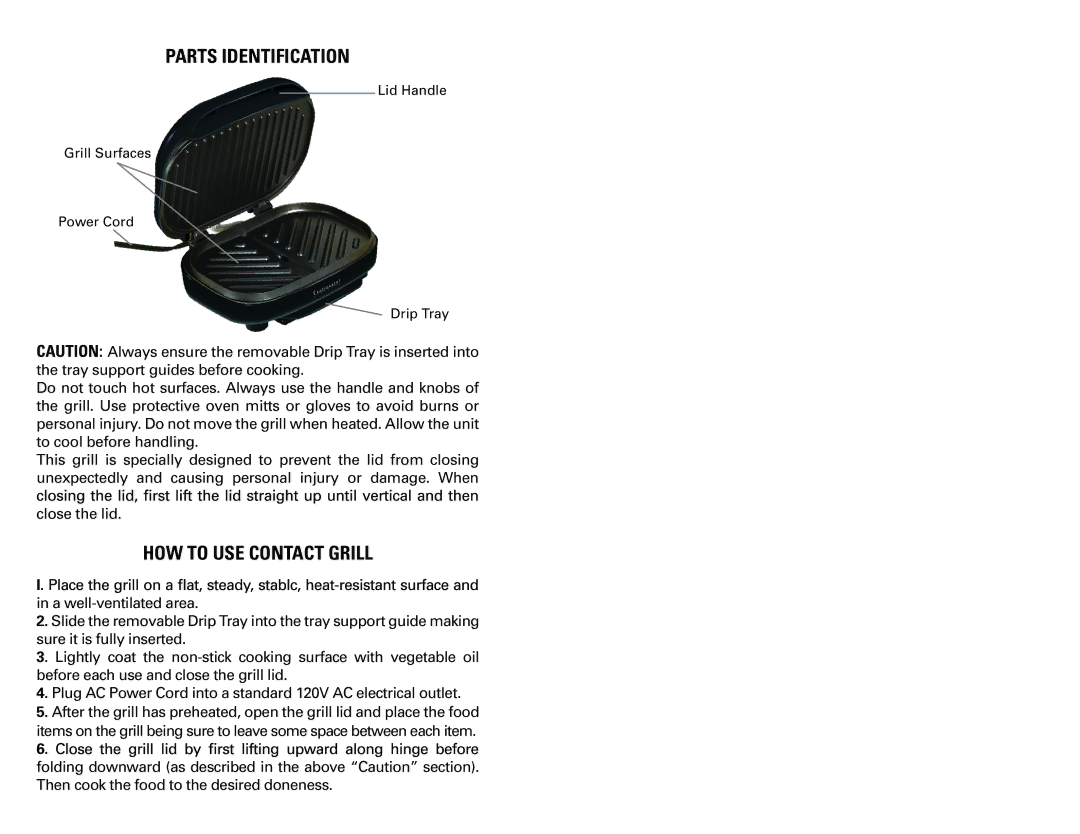 Continental Electric CE23791 user manual Parts Identification, HOW to USE Contact Grill 