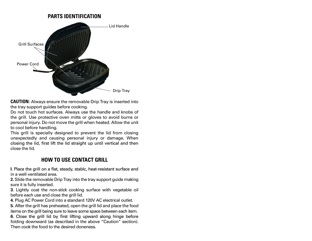 Continental Electric CE23791 user manual Parts Identification, How To Use Contact Grill 