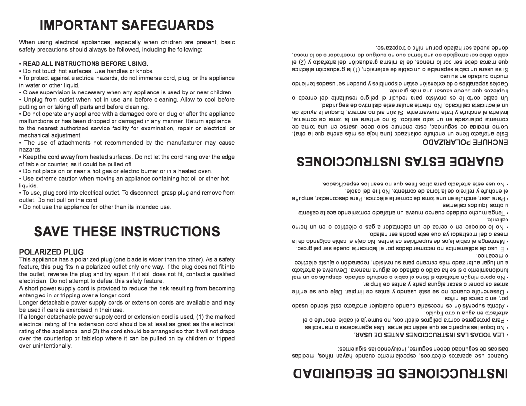 Continental Electric CE23831 Important Safeguards, Save These Instructions, Seguridad De Instrucciones, Polarized Plug 