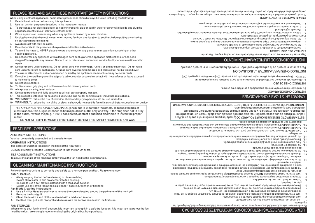 Continental Electric CE27204 manual Please Read and Save These Important Safety Instructions, Features Operations 