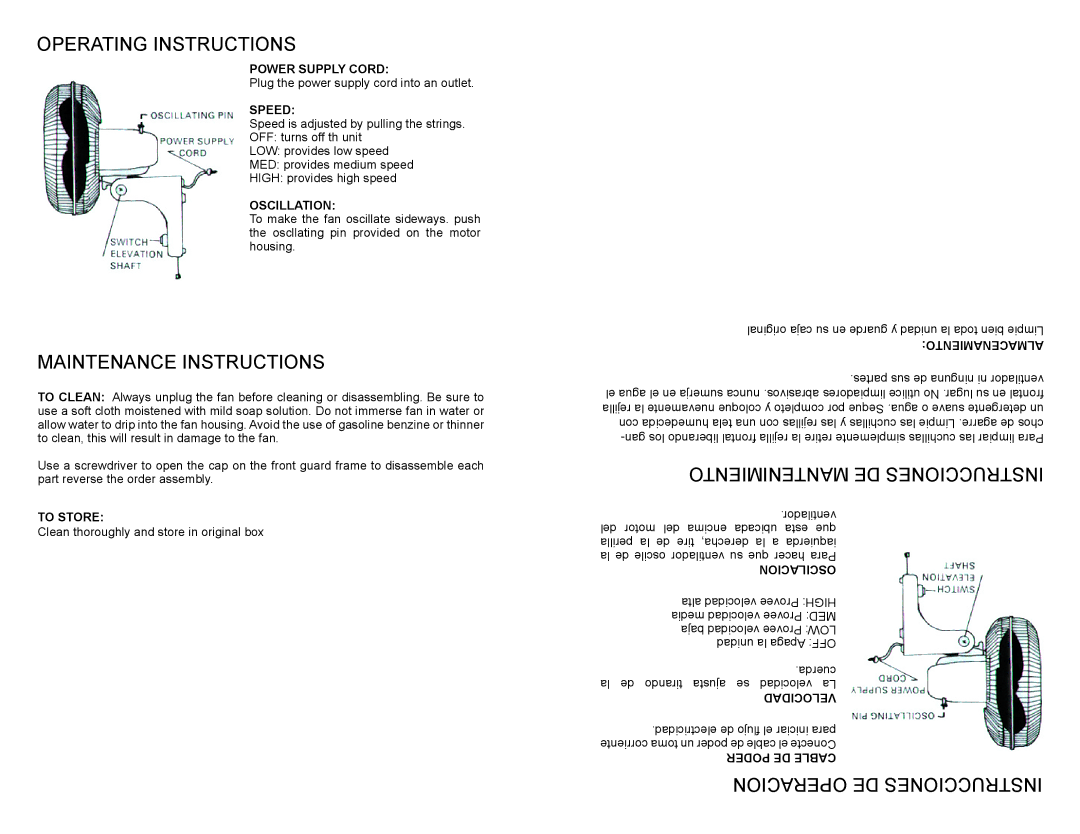 Continental Electric CE27816 Operating Instructions, Maintenance Instructions, Mantenimiento DE Instrucciones 