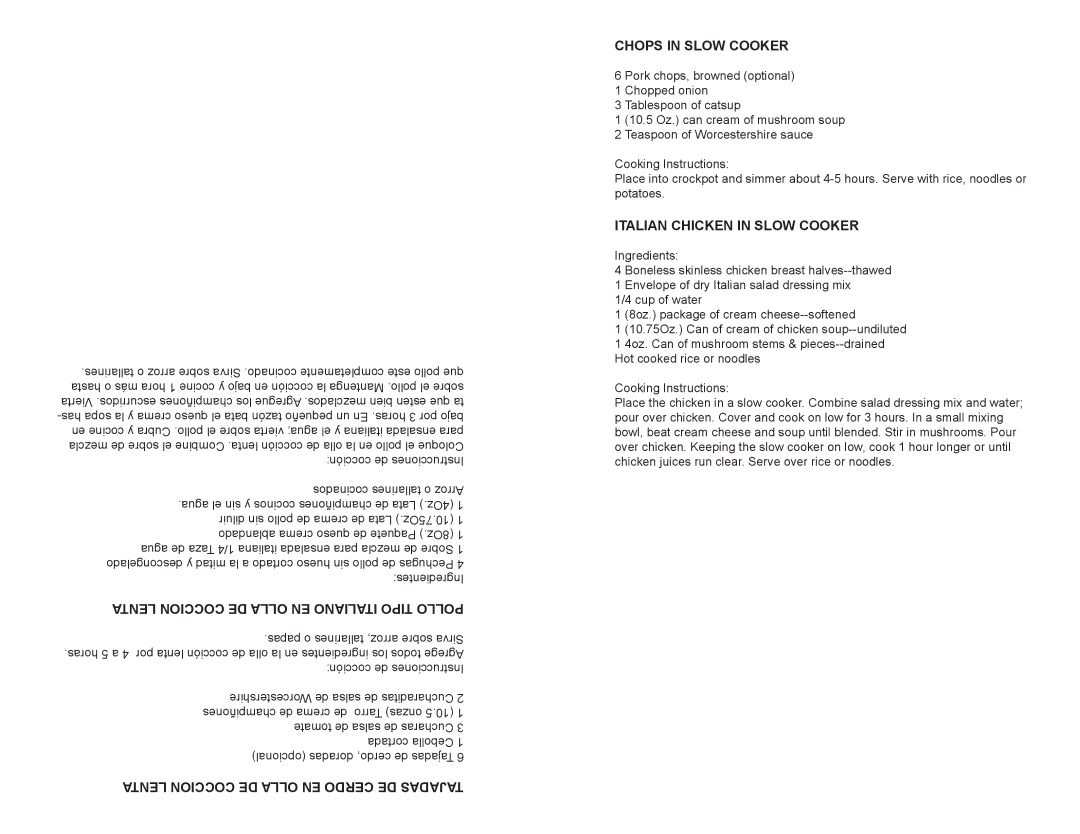 Continental Electric CE33341 user manual Lenta Coccion DE Olla EN Italiano Tipo Pollo, Chops in Slow Cooker 