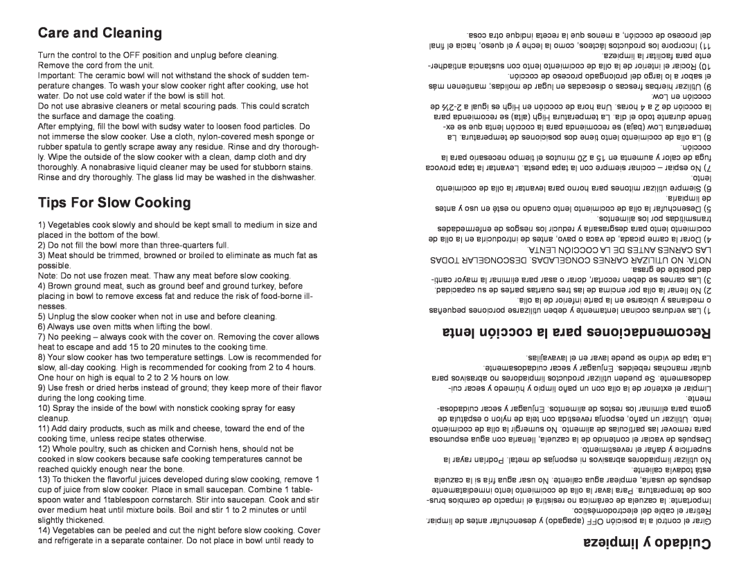 Continental Electric CE33341 user manual Care and Cleaning, Tips For Slow Cooking, lenta cocción la para Recomendaciones 