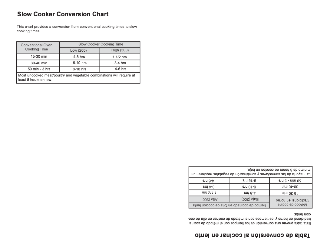Continental Electric CE33341 user manual Slow Cooker Conversion Chart, lento en cocinar al conversión de Tabla 
