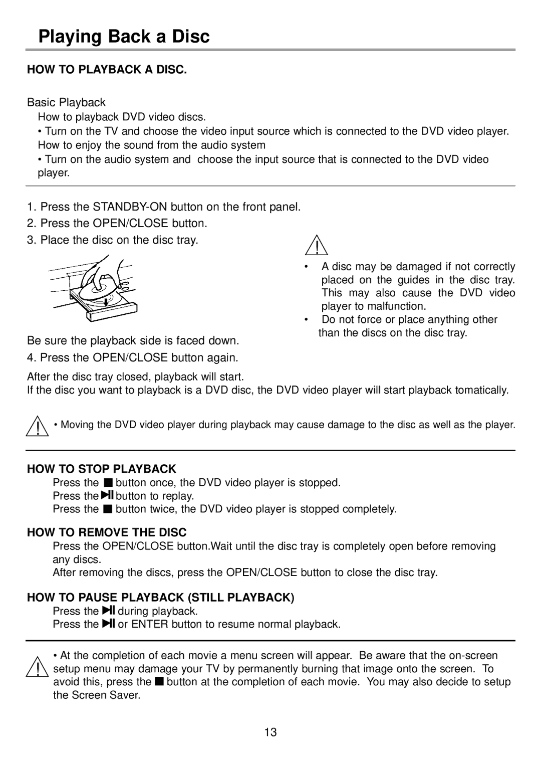 Continental Electric CEDVD95245 instruction manual Playing Back a Disc, How to playback a disc 