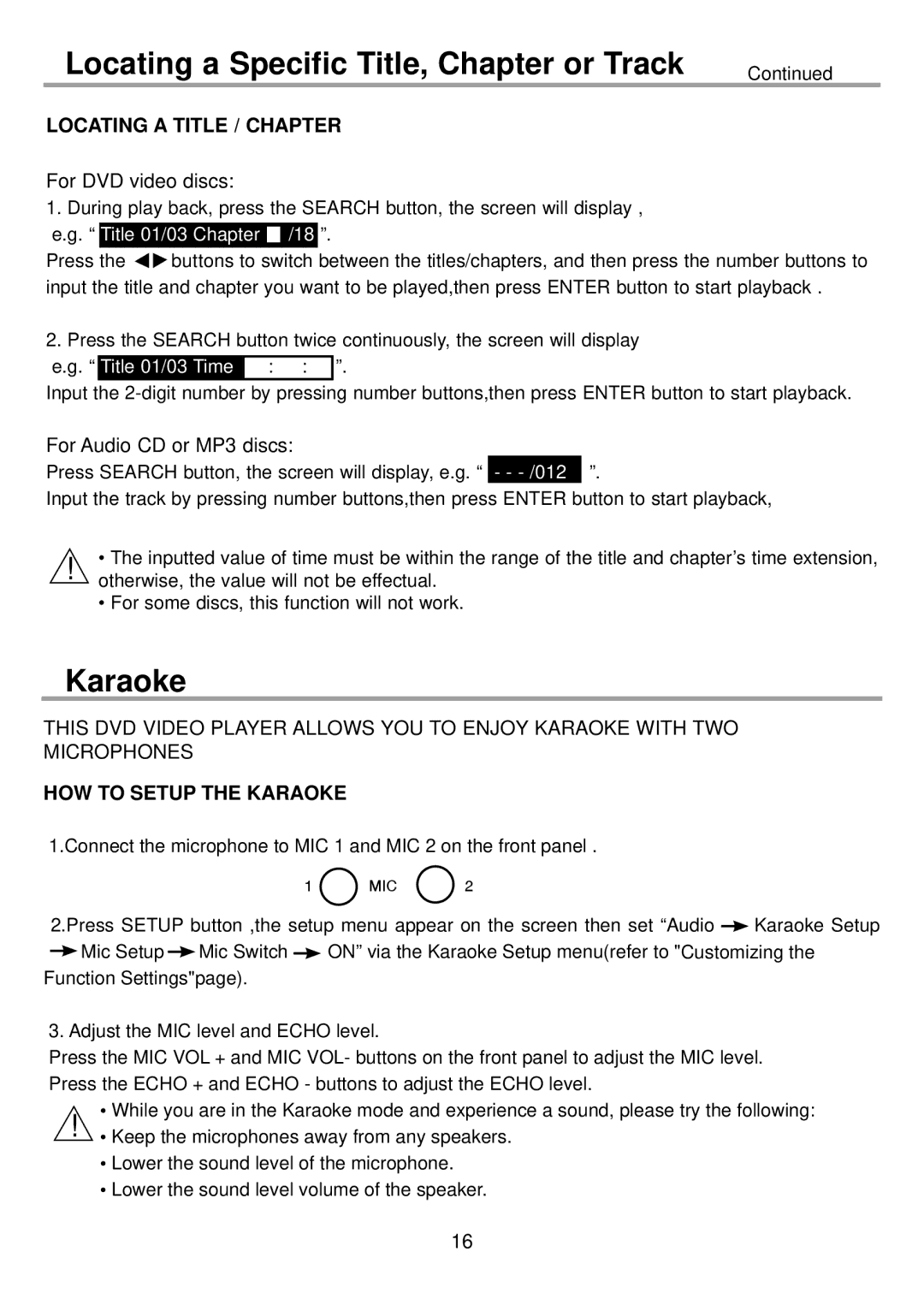 Continental Electric CEDVD95245 instruction manual Karaoke, Locating a Title / Chapter 