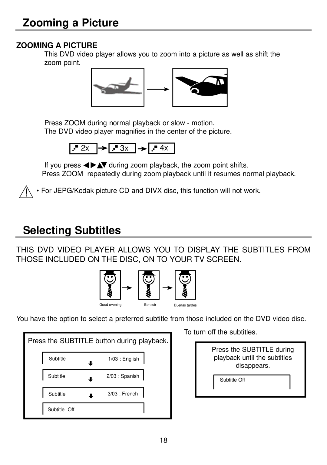 Continental Electric CEDVD95245 instruction manual Zooming a Picture, Selecting Subtitles 