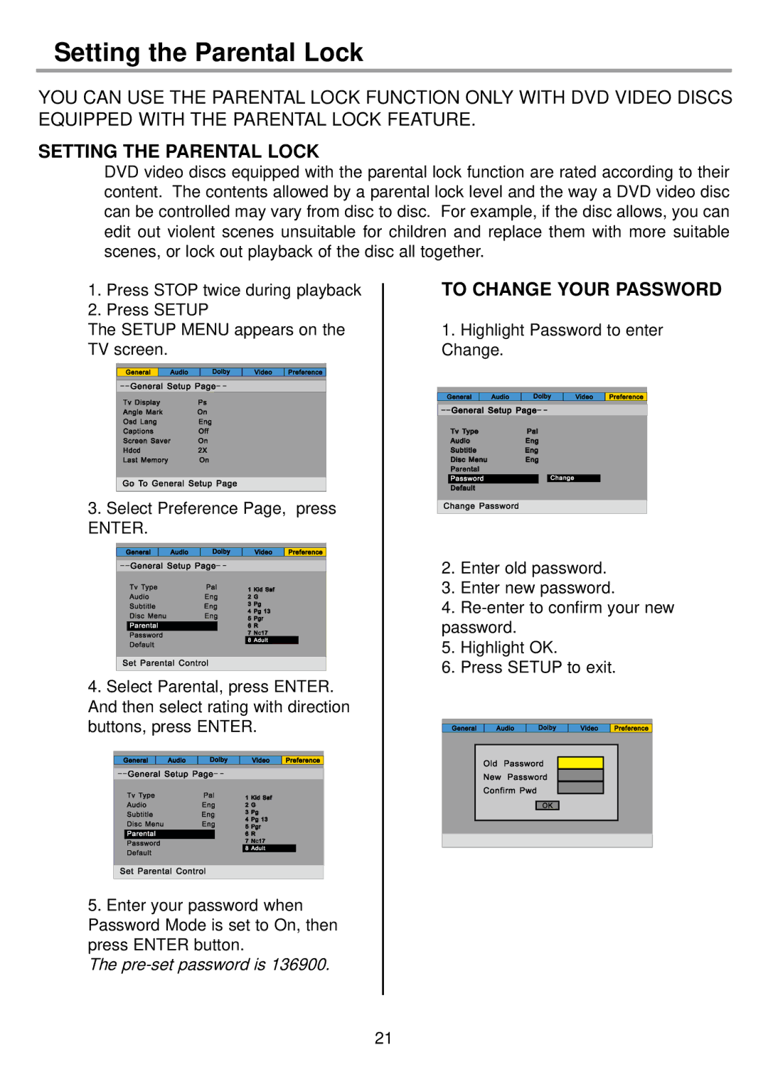 Continental Electric CEDVD95245 instruction manual Setting the Parental Lock, Setting the parental lock 