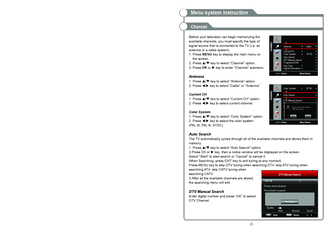 Continental Electric CELED48157 instruction manual Channel, Antenna, Auto Search, DTV Manual Search 