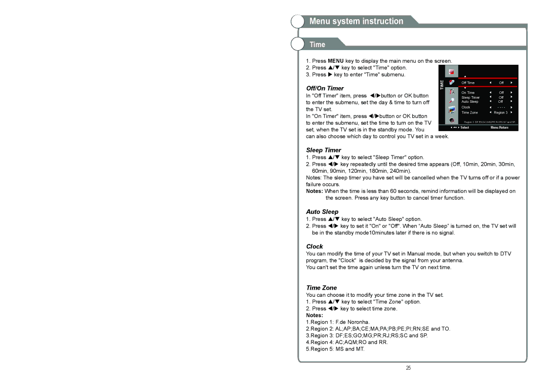 Continental Electric CELED48157 instruction manual Sleep Timer, Auto Sleep, Clock, Time Zone 