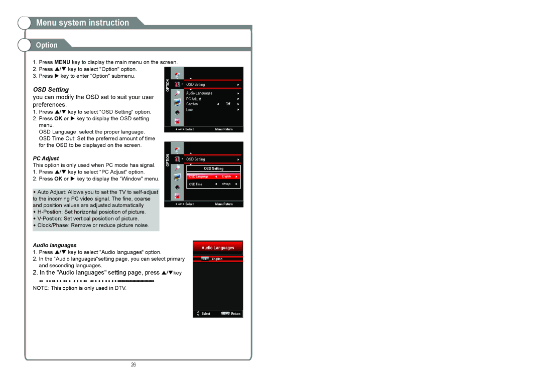 Continental Electric CELED48157 instruction manual Option, OSD Setting 