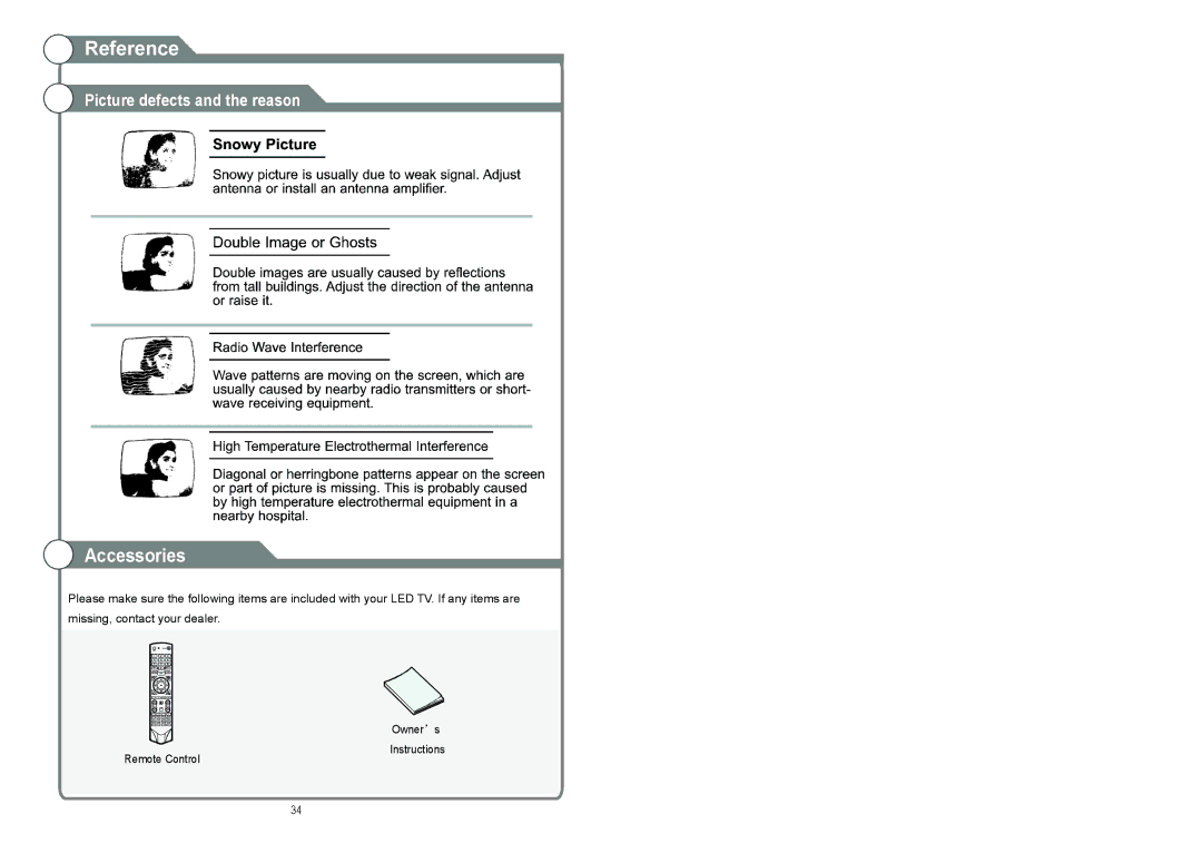 Continental Electric CELED48157 instruction manual Reference, Accessories, Picture defects and the reason 